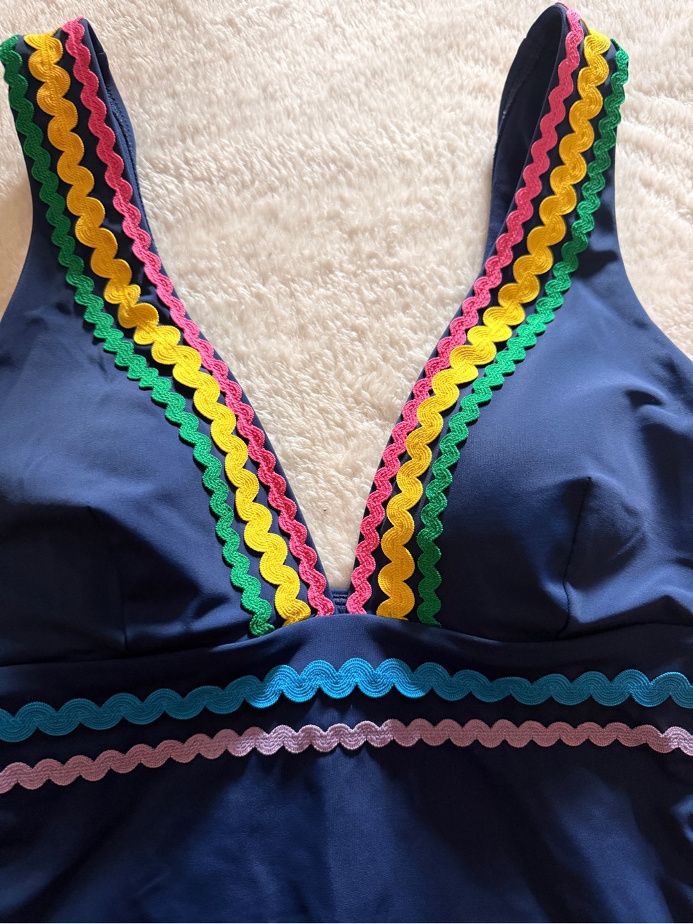 Boden Navy One-Piece Swimsuit with Rainbow Scalloped Trim
